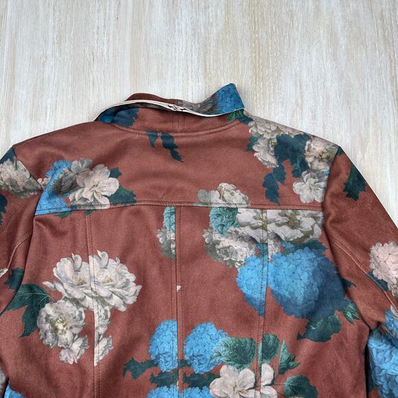 Elie Tahari Faux Leather Brown Hydrangea Floral Print Boho Chic Moto Jacket XL - Picture 8 of 16